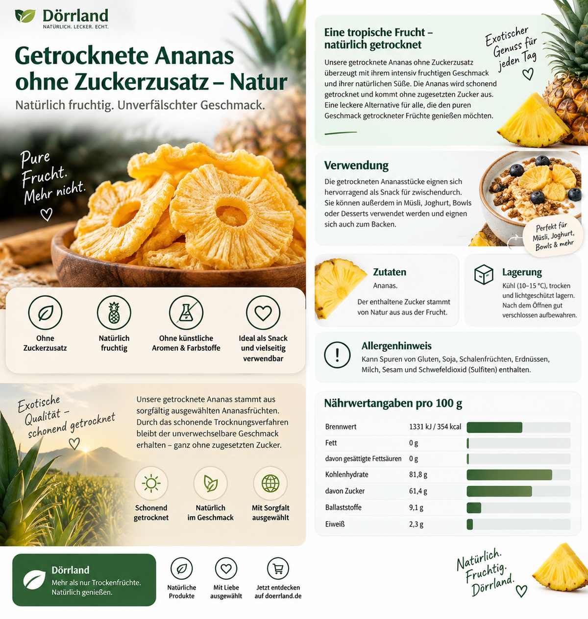 Getrocknete Ananas ohne Zuckerzusatz – Zutaten, Nährwerte und Verwendung