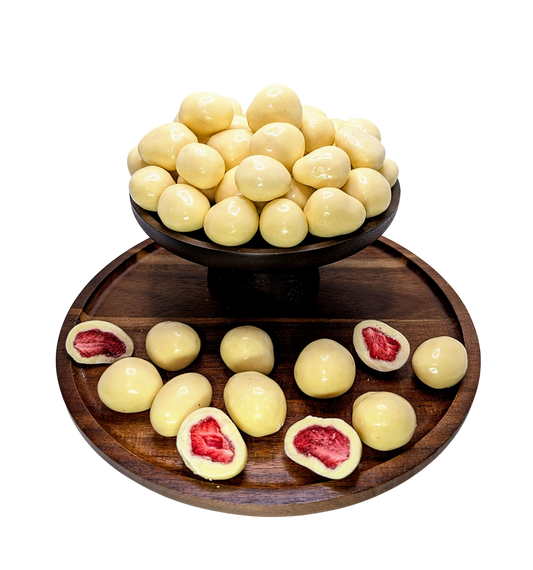 [ Erdbeeren  gefriergetrocknet  in weißer Schokolade]  [100g/250g/500g/1kg] Dörrland