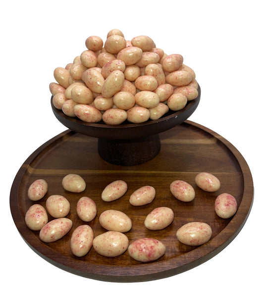 [Mandelkerne in weißer Schokolade mit Himbeerpulver] [100g/250g/500g/1kg] Dörrland